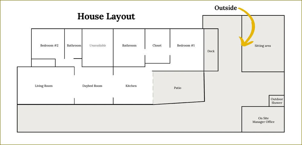 House layout showing the indoor-outdoor flow of The Bungalow — completely private and spacious