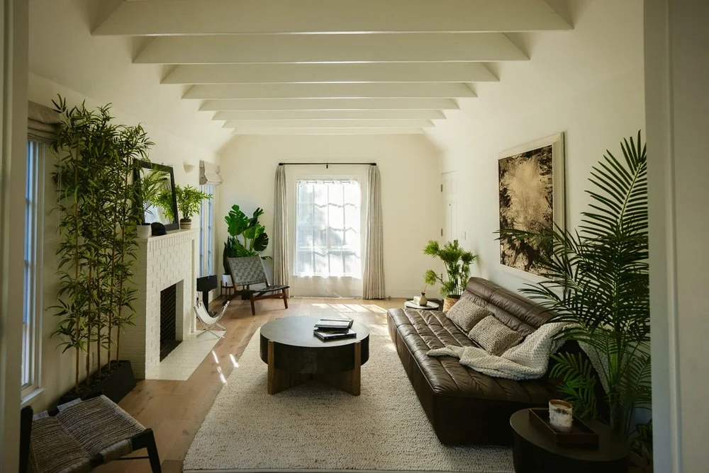 Natural light Bali inspired living room with wood floors
