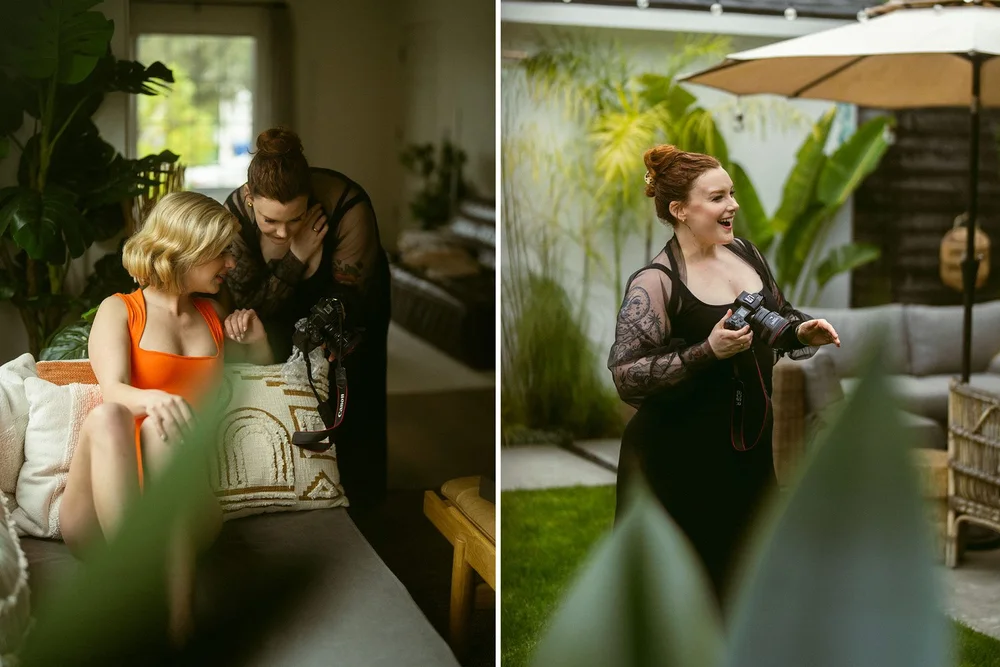 Boudoir photographer showing photos to her client and smiling